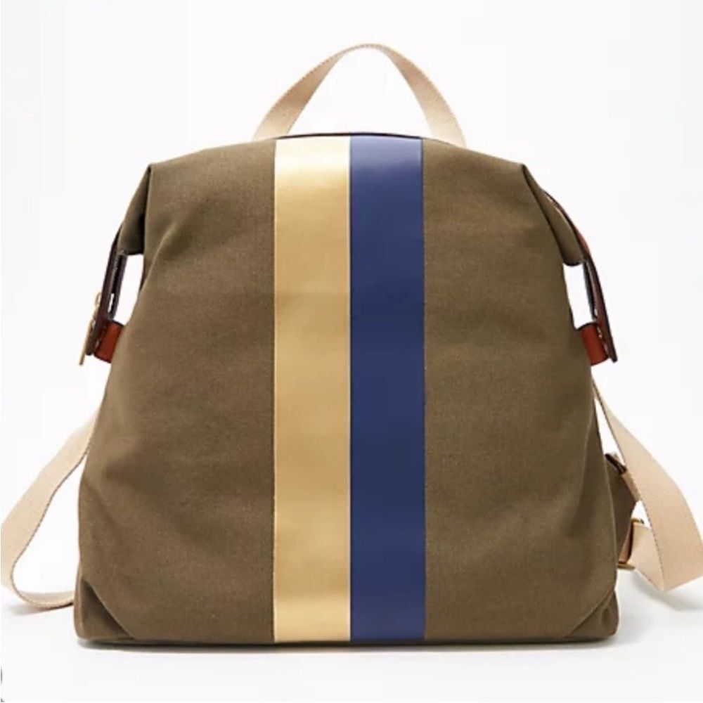 G.I.L.I. Leather Trim Canvas Backpack Olive Stripe Zip Top Adjustable Straps